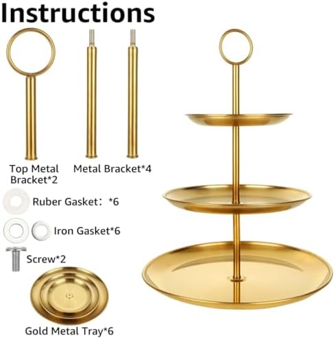 2 Pcs 3 Tier Stainless Steel Cupcake Stand in 11.8(Base Tray Diameter) x 13.3(H) Inch in Gold, alternate view 6
