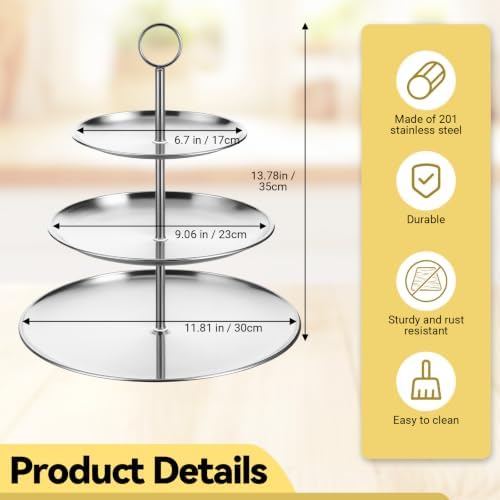 2 Pcs 3 Tier Stainless Steel Cupcake Stand, Sliver Tiered Dessert Stand in Sliver, alternate view 3