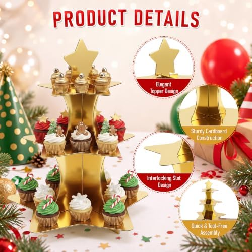 2 Pcs 3 Tier Star Cupcake Stand Golden Cupcake Stand in Golden, alternate view 5