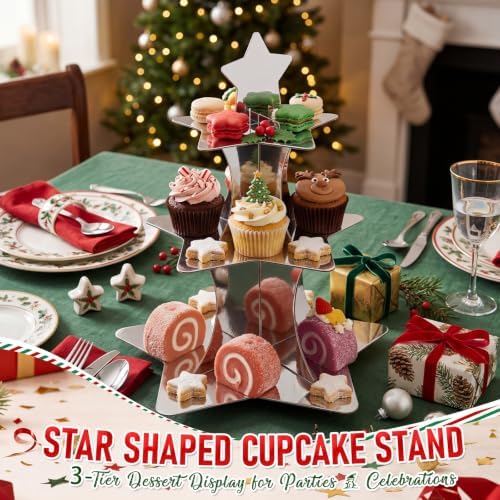 2 Pcs 3 Tier Star Cupcake Stand Silver Cupcake Stand in Silver, alternate view 2
