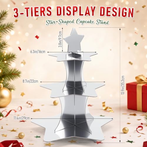 2 Pcs 3 Tier Star Cupcake Stand Silver Cupcake Stand in Silver, alternate view 3