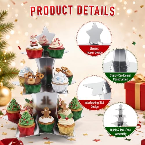 2 Pcs 3 Tier Star Cupcake Stand Silver Cupcake Stand in Silver, alternate view 5