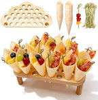 2 Pcs 30 Slot Wooden Cone Holder Stand Set with 100 Cones & 100 Picks, Appetizer & Dessert Cone Display for