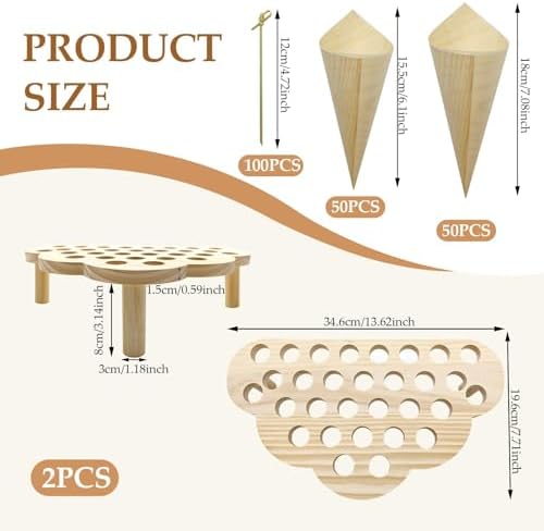 2 Pcs 30 Slot Wooden Cone Holder Stand Set with 100 Cones & 100 Picks, Appetizer & Dessert Cone Display for, alternate view 2