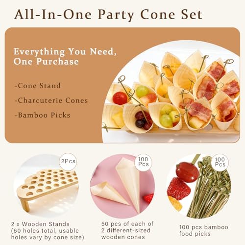 2 Pcs 30 Slot Wooden Cone Holder Stand Set with 100 Cones & 100 Picks, Appetizer & Dessert Cone Display for, alternate view 4