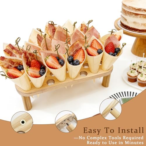 2 Pcs 30 Slot Wooden Cone Holder Stand Set with 100 Cones & 100 Picks, Appetizer & Dessert Cone Display for, alternate view 5