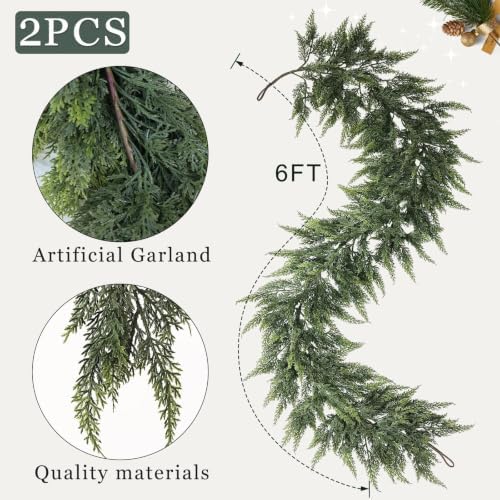 2 Pcs 6 FT Artificial Christmas Cedar Garland for Mantle Home Decoration, alternate view 5