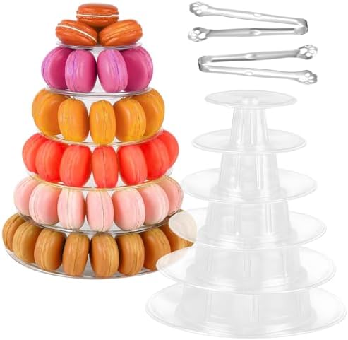 2 PCS 6-Tier Clear Macaron Display Stands, Plastic Macaron Tray Tower with Stainless Steel Serving Tongs
