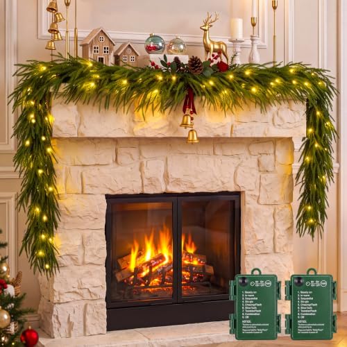 2 Pcs 6Ft Artificial Norfolk Pine Christmas Garland, Pre-Lit 50 LED Lights in Green