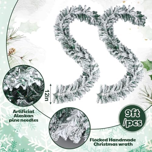 2 Pcs 9 ft Thick Christmas Alaskan Pine Christmas Garland Flocked in White, alternate view 2