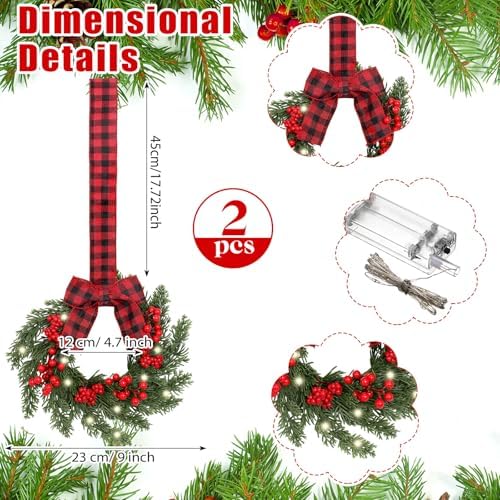 2 Pcs 9" Mini Faux Christmas Norfolk Pine Wreath for Cabinet, alternate view 3