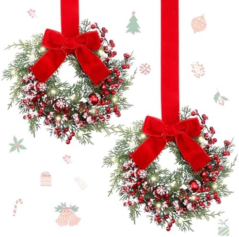 2 Pcs 9'' Small Christmas Cabinet Wreath with Light, Velvet Bow