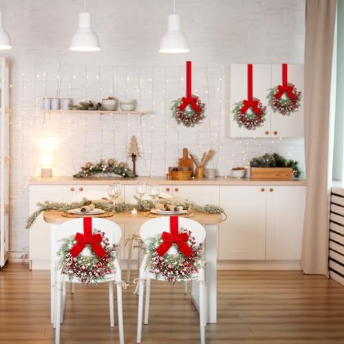 2 Pcs 9'' Small Christmas Cabinet Wreath with Light, Velvet Bow, alternate view 2