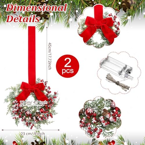 2 Pcs 9'' Small Christmas Cabinet Wreath with Light, Velvet Bow, alternate view 3