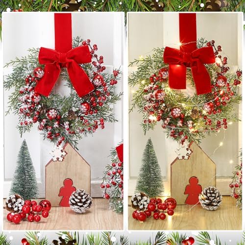 2 Pcs 9'' Small Christmas Cabinet Wreath with Light, Velvet Bow, alternate view 4