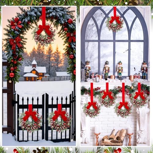 2 Pcs 9'' Small Christmas Cabinet Wreath with Light, Velvet Bow, alternate view 5