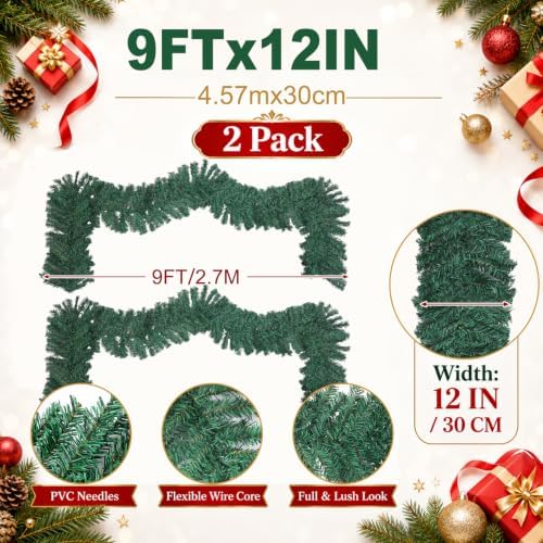 2 Pcs 9ft Thick Christmas Alaskan Pine Christmas Garland Greenery, alternate view 2