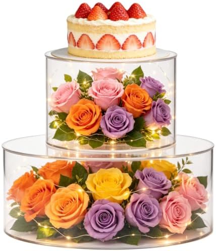 2 PCS Acrylic Cake Stand, 8/12 Inch Clear Cake Stand Fillable Cake Riser Round 2 Tier Case Box for Birthday