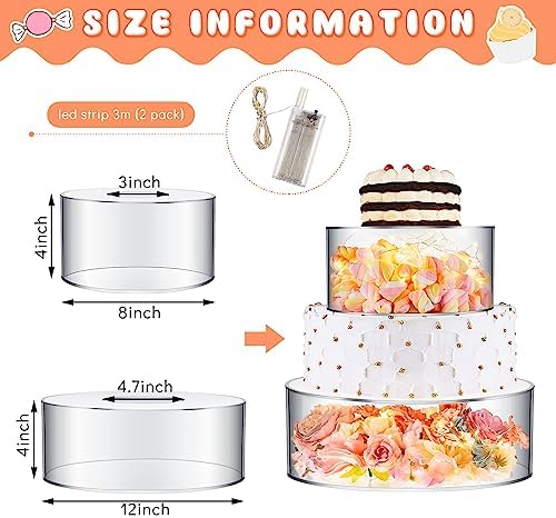 2 Pcs Acrylic Cake Stands for Dessert Table Clear Fillable Cake Riser Cupcake Tier with LED Strings for Birthday, alternate