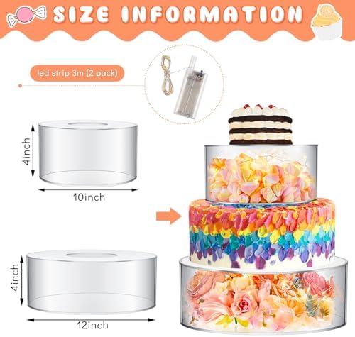 2 Pcs Acrylic Cake Stands for Dessert Table Clear Fillable Cake Riser Cupcake Tier with LED Strings for Birthday, alternate