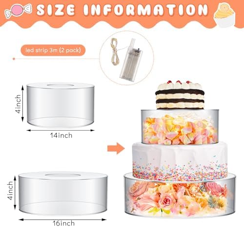 2 Pcs Acrylic Cake Stands for Dessert Table Clear Fillable Cake Riser Cupcake Tier with LED Strings for Birthday, alternate