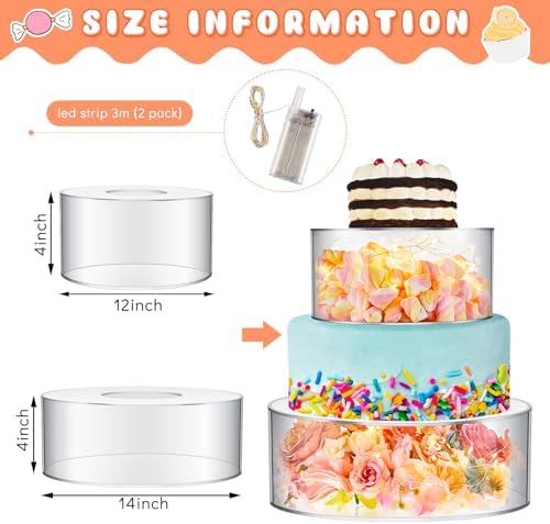 2 Pcs Acrylic Cake Stands for Dessert Table Clear Fillable Cake Riser Cupcake Tier with LED Strings for Birthday, alternate