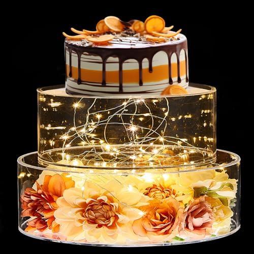 2 Pcs Acrylic Cake Stands for Dessert Table Clear Fillable Cake Riser Cupcake Tier with LED Strings for Birthday