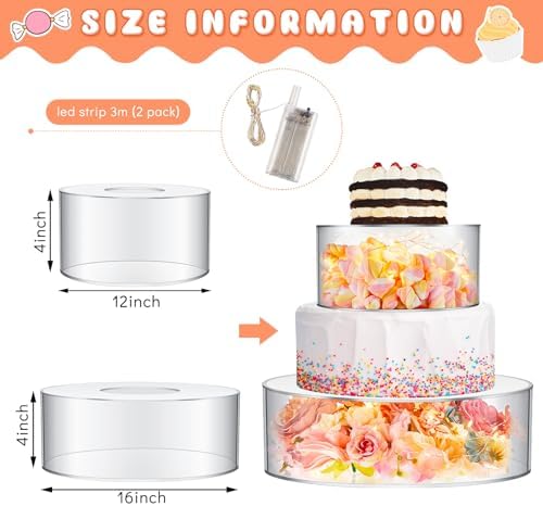 2 Pcs Acrylic Cake Stands for Dessert Table Clear Fillable Cake Riser Cupcake Tier with LED Strings for Birthday, alternate