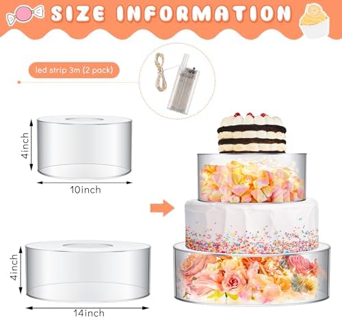 2 Pcs Acrylic Cake Stands for Dessert Table Clear Fillable Cake Riser Cupcake Tier with LED Strings for Birthday, alternate