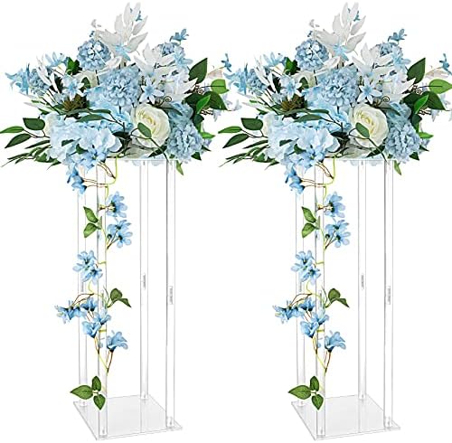 2 Pcs Acrylic Vase Wedding Centrepieces, 23.6in Clear Column Flower Stand Rectangular Display Rack, Cylinder