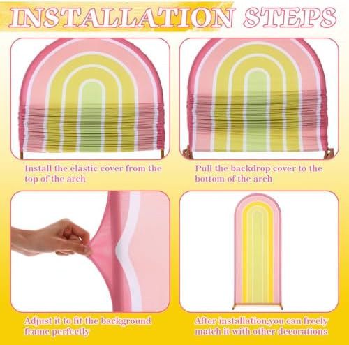 2 Pcs Arch Backdrop Cover Fabric, Yellow Pink,7.2ft+6ft, alternate view 4