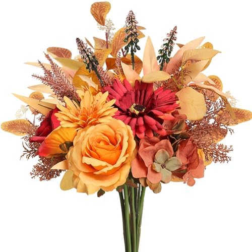 2 Pcs Artificial Fall Flowers Bouquet for Decoration, Fall Fake Silk Flower Arrangement Faux Autumn Flowers Fall