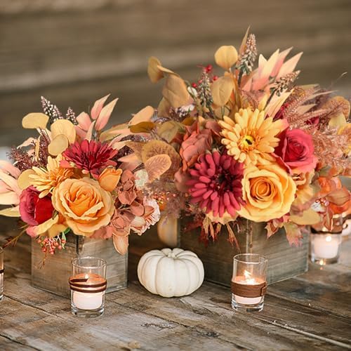 2 Pcs Artificial Fall Flowers Bouquet for Decoration, Fall Fake Silk Flower Arrangement Faux Autumn Flowers Fall, alternate