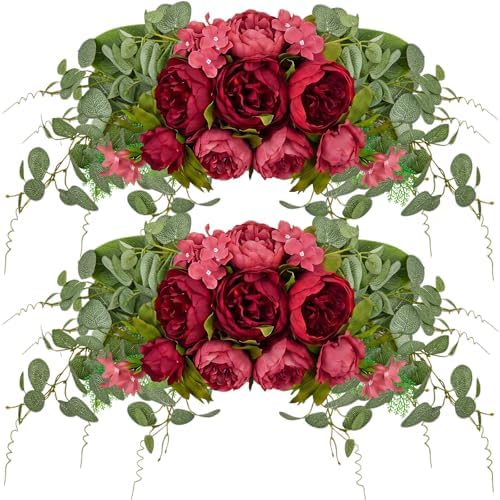 2 Pcs Artificial Peony Eucalyptus Floral Swag for Arch, Red in Red
