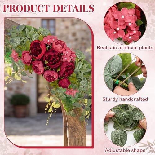2 Pcs Artificial Peony Eucalyptus Floral Swag for Arch, Red in Red, alternate view 4