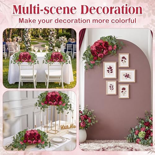 2 Pcs Artificial Peony Eucalyptus Floral Swag for Arch, Red in Red, alternate view 5