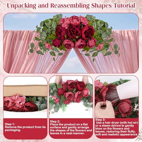 2 Pcs Artificial Peony Eucalyptus Floral Swag for Arch, Red in Red, alternate view 7