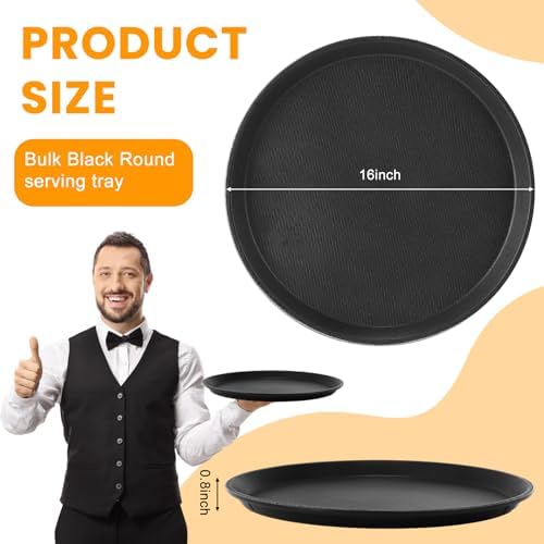 2 Pcs Black Restaurant Serving Trays Bulk, Round Tray, 16 Inch in Black, alternate view 2