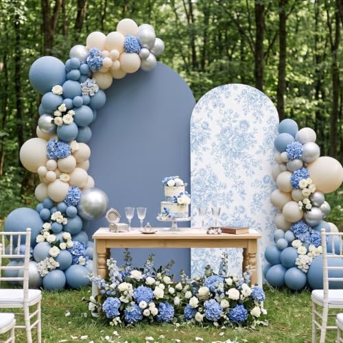 2 Pcs Blue Floral Arch Covers Backdrop 7.2ft 6ft Stretchy Fabric Covers for Ripples Wedding Bridal Shower Baby