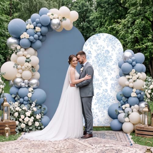 2 Pcs Blue Floral Arch Covers Backdrop 7.2ft 6ft Stretchy Fabric Covers for Ripples Wedding Bridal Shower Baby, alternate
