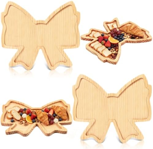 2 Pcs Bow Charcuterie Boards Bowtie Pine Wood Serving Tray Platters in 11.69x10.24 Inch in Natural