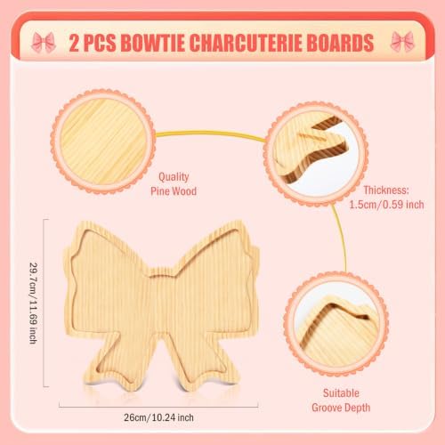 2 Pcs Bow Charcuterie Boards Bowtie Pine Wood Serving Tray Platters in 11.69x10.24 Inch in Natural, alternate view 3