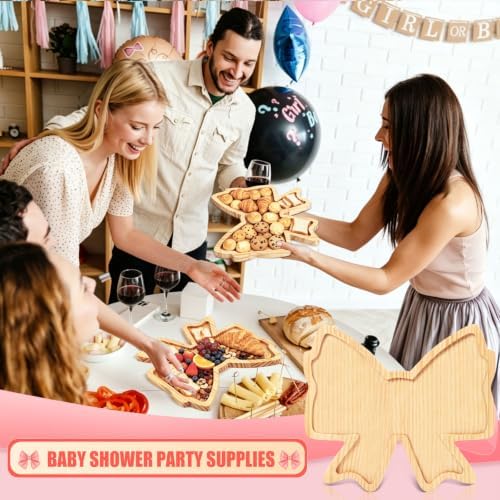 2 Pcs Bow Charcuterie Boards Bowtie Pine Wood Serving Tray Platters in 11.69x10.24 Inch in Natural, alternate view 6