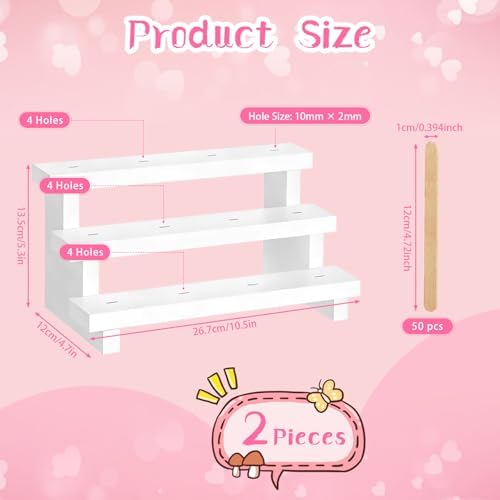 2 Pcs Cake Pop Stand with 50 Pcs 2 mm Lollipop Sticks 3 Tier 12 Holes White Wooden Rectangle Candy Display, alternate view 3