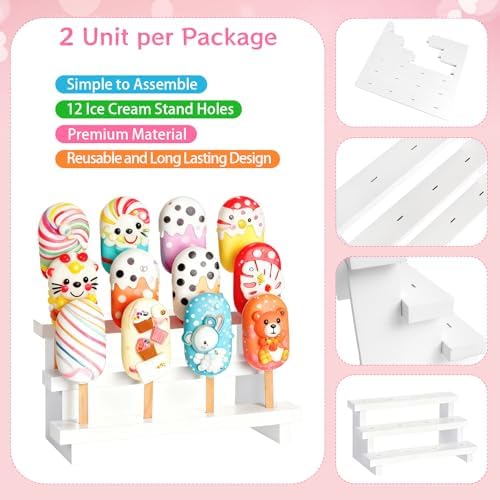 2 Pcs Cake Pop Stand with 50 Pcs 2 mm Lollipop Sticks 3 Tier 12 Holes White Wooden Rectangle Candy Display, alternate view 4