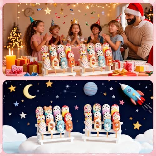 2 Pcs Cake Pop Stand with 50 Pcs 2 mm Lollipop Sticks 3 Tier 12 Holes White Wooden Rectangle Candy Display, alternate view 6
