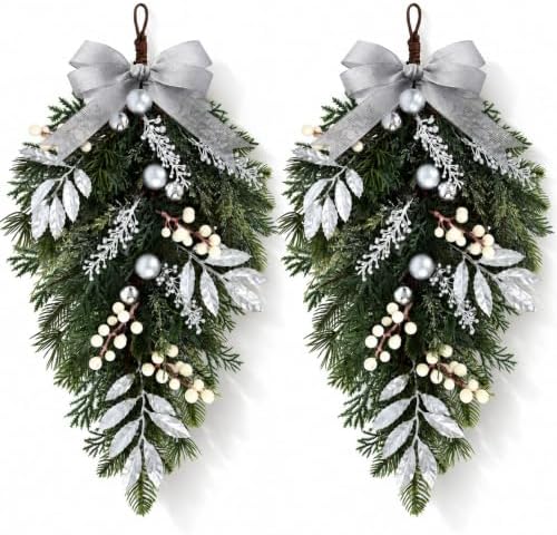 2 PCS Christmas Cedar Pine Teardrop Swag Wreath for Front Door Decorations