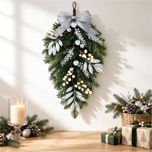 2 PCS Christmas Cedar Pine Teardrop Swag Wreath for Front Door Decorations, alternate view 2