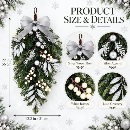 2 PCS Christmas Cedar Pine Teardrop Swag Wreath for Front Door Decorations, alternate view 3