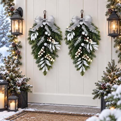 2 PCS Christmas Cedar Pine Teardrop Swag Wreath for Front Door Decorations, alternate view 5